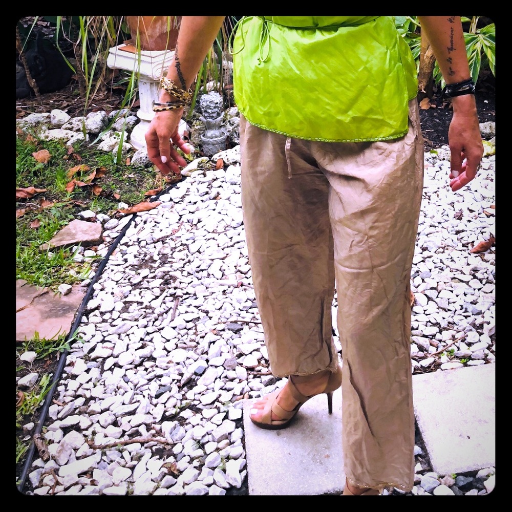 Base Sequined Beige Silk Drawstring Pants Sz S New - image 3